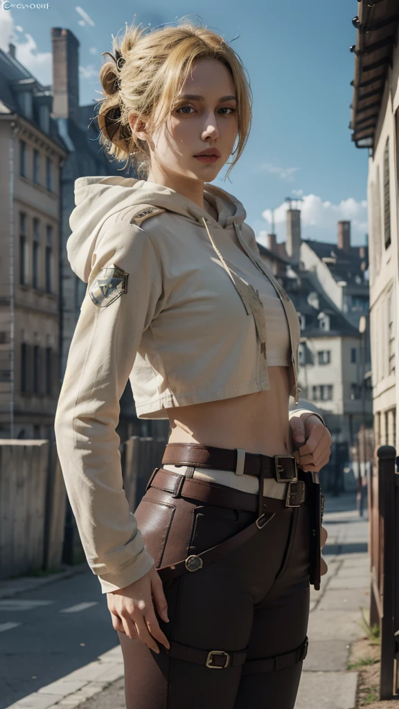 (bestquality,masterpiece), AnnieAOT, solo, hood, hoodie, paradis_military_uniform, jacket, uniform, tight clothes, emblem, feathers, upper body, thigh, hands on hip, emblem, belt, thigh strap, pants, white pants, standing, idle, looking at viewer, yellow hair, direct