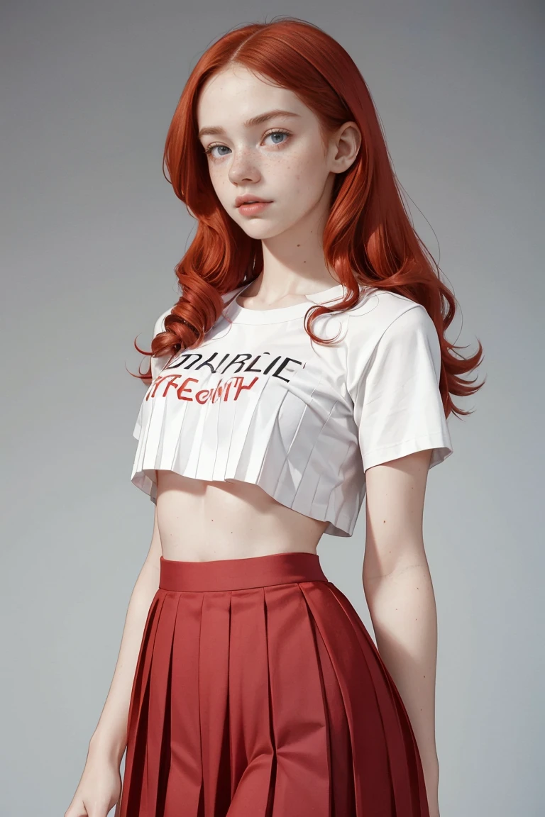 15 years old ginger girl, freckled face, face freckles, rosy, contemptuous look, 1 girl, solo, voluminous curly long red hair,pale skin, big bust, stand sexy pose, beautiful, ((pleated skirt)), ((crop tshirt)), cold palette, simple background
