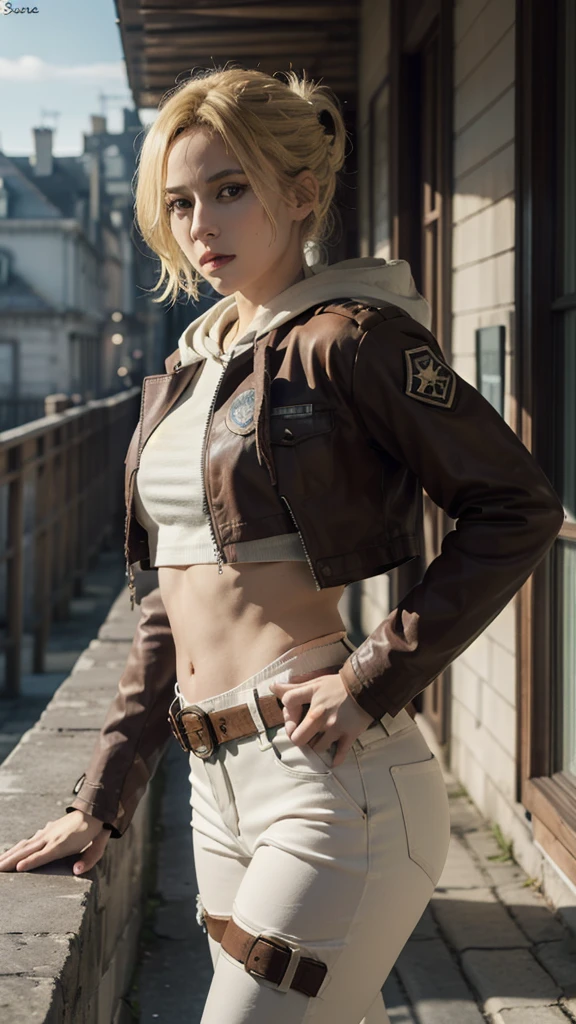 (bestquality,masterpiece), AnnieAOT, solo, hood, hoodie, paradis_military_uniform, jacket, uniform, tight clothes, emblem, feathers, upper body, thigh, hands on hip, emblem, belt, thigh strap, pants, white pants, standing, idle, looking at viewer, yellow hair, direct