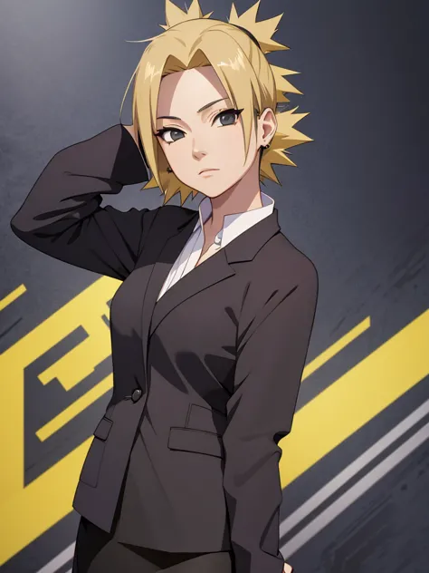 Temari, 1women, wearing a black colour office suit, tight skirt, at an office, yellow colour short hair, 8k, high detailed, high...