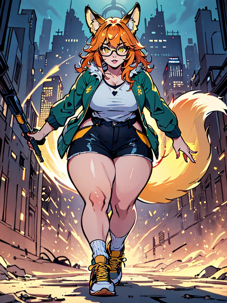 Masterpiece, 1girl, solo, (best quality,4k,8k,highres,masterpiece:1.2), ultra-detailed, fox girl, (slim, green jacket, black shorts, yellow sneakers, yellow glasses, fox tail, orange hair), ((detailed clothes, detailed fur texture, hyperdetailed face, intricate detail, highly detailed, fine details best quality)), city background, ((thick outline, detailed background, bright color tones, digital art, beautiful lighting))