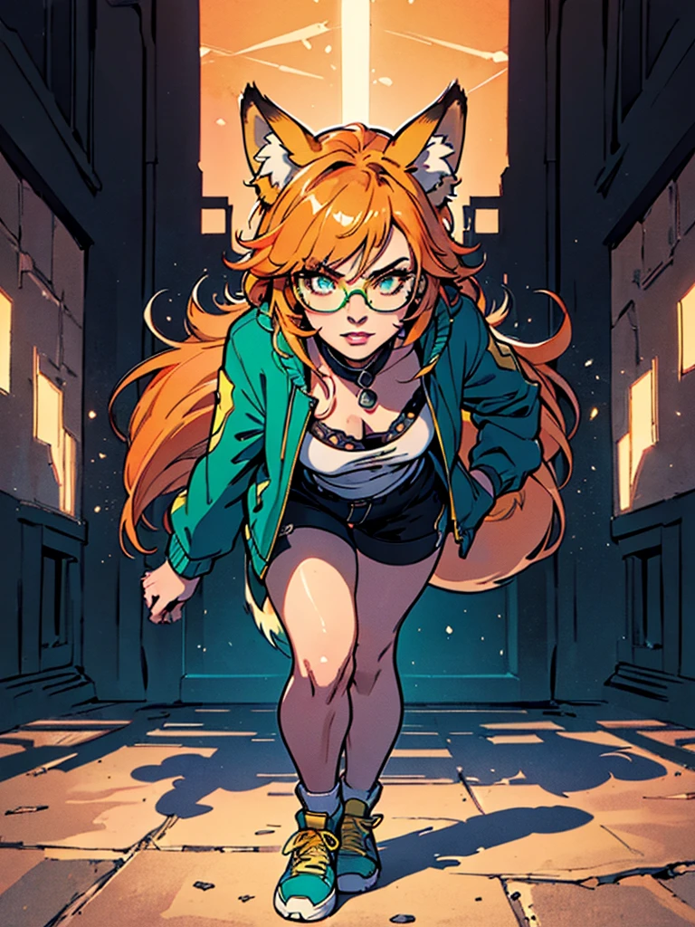 Masterpiece, 1girl, solo, (best quality,4k,8k,highres,masterpiece:1.2), ultra-detailed, young fox girl, (slim, green jacket, black shorts, yellow sneakers, yellow glasses, fox tail, orange hair), ((detailed clothes, detailed fur texture, hyperdetailed face, intricate detail, highly detailed, fine details best quality)), city background, ((thick outline, detailed background, bright color tones, digital art, beautiful lighting))