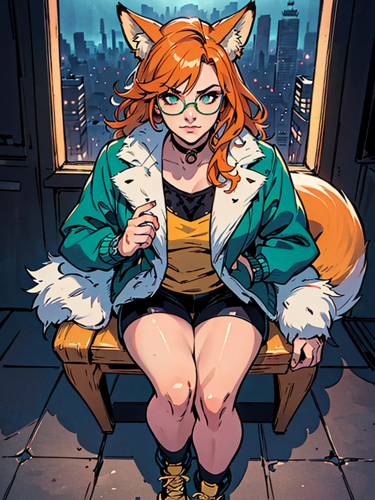 Masterpiece, 1girl, solo, (best quality,4k,8k,highres,masterpiece:1.2), ultra-detailed, fox girl, (slim, green jacket, black shorts, yellow sneakers, yellow glasses, fox tail, orange hair), ((detailed clothes, detailed fur texture, hyperdetailed face, intricate detail, highly detailed, fine details best quality)), sitting, city background, ((thick outline, detailed background, bright color tones, digital art, beautiful lighting))