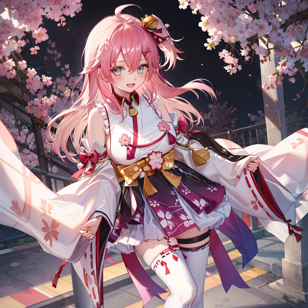 masterpiece, best quality, highres, miko1, sakura_miko, 1girl, big_boobs, solo, ahoge, x_hair_ornament, pink_hair, floral print, hairclip,(side_less_clothes:1.5), (side_boobs:1.5), hair_bell, floral print, long_hair, hair between eyes, one side up, white thighhighs, asymmetrical legwear, wide sleeves, open_mouth,(happy:1.3),gleen_eyes,big_smile,(rise_leg:1.3),plump,apart_legs,(overly_long_sleeves:1.3),),sleeves_past_wrists,hands_hidden_sleeves,sidelock_clothes,dynamic_posing,solo,hidden_wrists,(XD:1.4),covered_nipples,sunlight,cherryblossom_background,