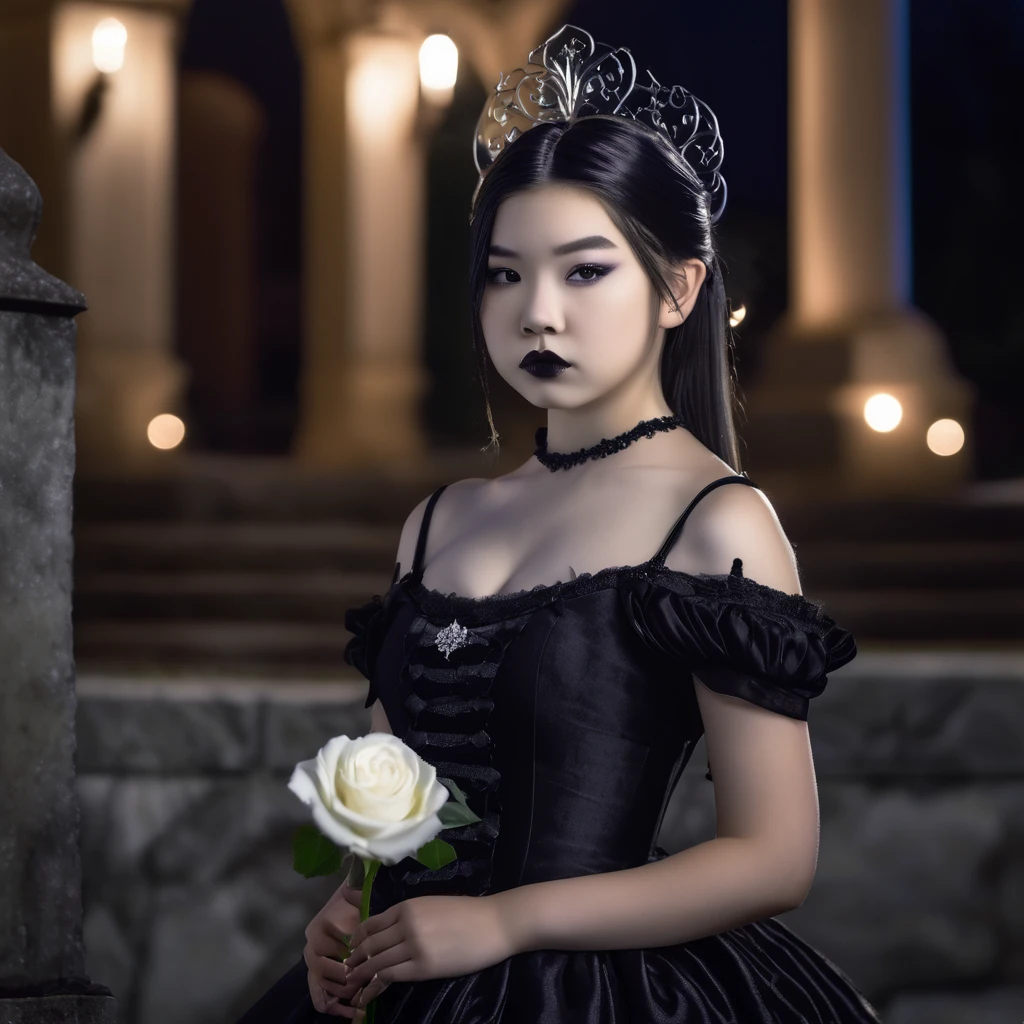 (masterpiece), (extremely intricate:1.3), (realistic), photo of a a bit chubby charming pale Japanese teen girl wearing a short black shoulderless gothic dress holding a white rose, (baroque hairstyle), plan american, spooky graveyard at night, professional photograph of a stunning teen girl detailed, sharp focus, dramatic, award winning, cinematic lighting, volumetrics dtx, (film grain, blurry background, blurry foreground, bokeh, depth of field, night, motion blur:1.3), 4k, 8k, hd, hdr