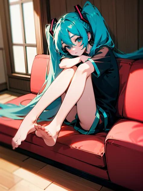 uhd, absurdres, 5k, 1girl, Hatsune Miku, bare legs, hoodie, short sleeves, knees together, legs closed, in a living room, on a c...