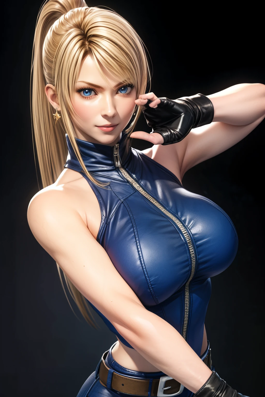 Sarah, blue eyes, long hair, cowboy shot, blonde hair, high ponytail, bodysuit, Shoulders exposed, (arms exposed:1.2), (tight blue bodysuit:1.1), belt ,sleeveless, zipper, boots, high heels, earrings, fingerless gloves, BREAK masterpiece, 1 girl, RAW photo, (best quality:1.2), extremely delicate beautiful, very detailed, 2k wallpaper, amazing, fine details, extremely detailed CG Unity 8k wallpaper, super detailed, high resolution, (beautiful detailed girl:1.2), perfect anatomy, (shiny clothes:1.1), (smile:1.2), (large breasts:0.5), (upper body:1.4), (Realistic, Photorealistic:1.0), (thin nose:1.2), (breast focus:1.3), 20 year old, high nose bridge, (blue clothes:1.2), fighting pose, fighting arena, fighting stance