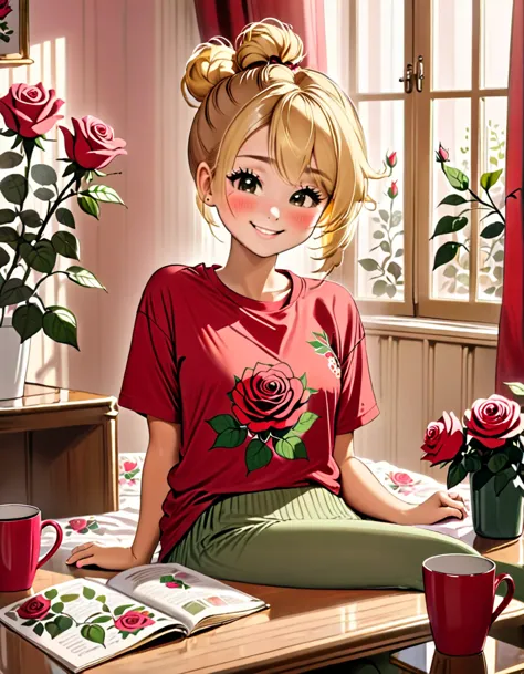 A beautiful young woman, blond messy bun, wearing a t-shirt with rose print, smiling, with a mug, in a beautiful room, morning