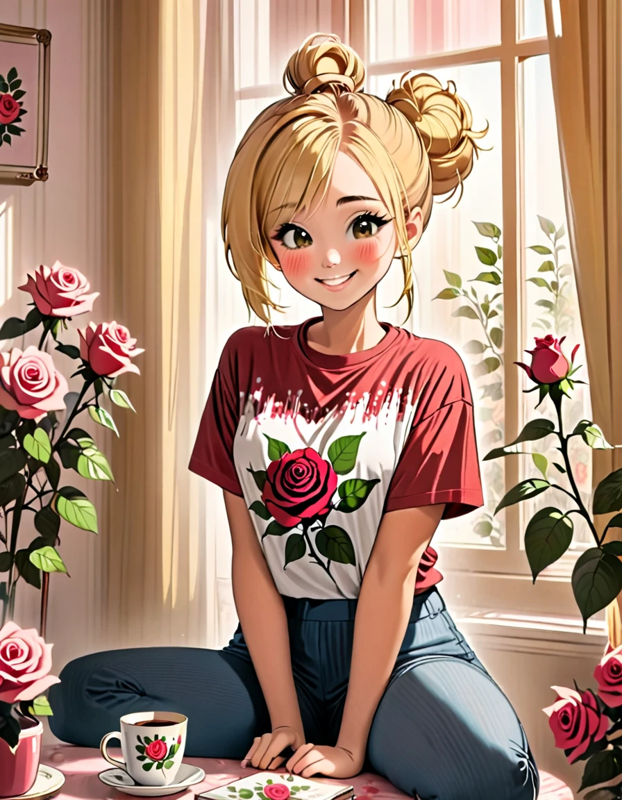 A beautiful young woman, blond messy bun, wearing a t-shirt with rose print, smiling, with a mug, in a beautiful room, morning