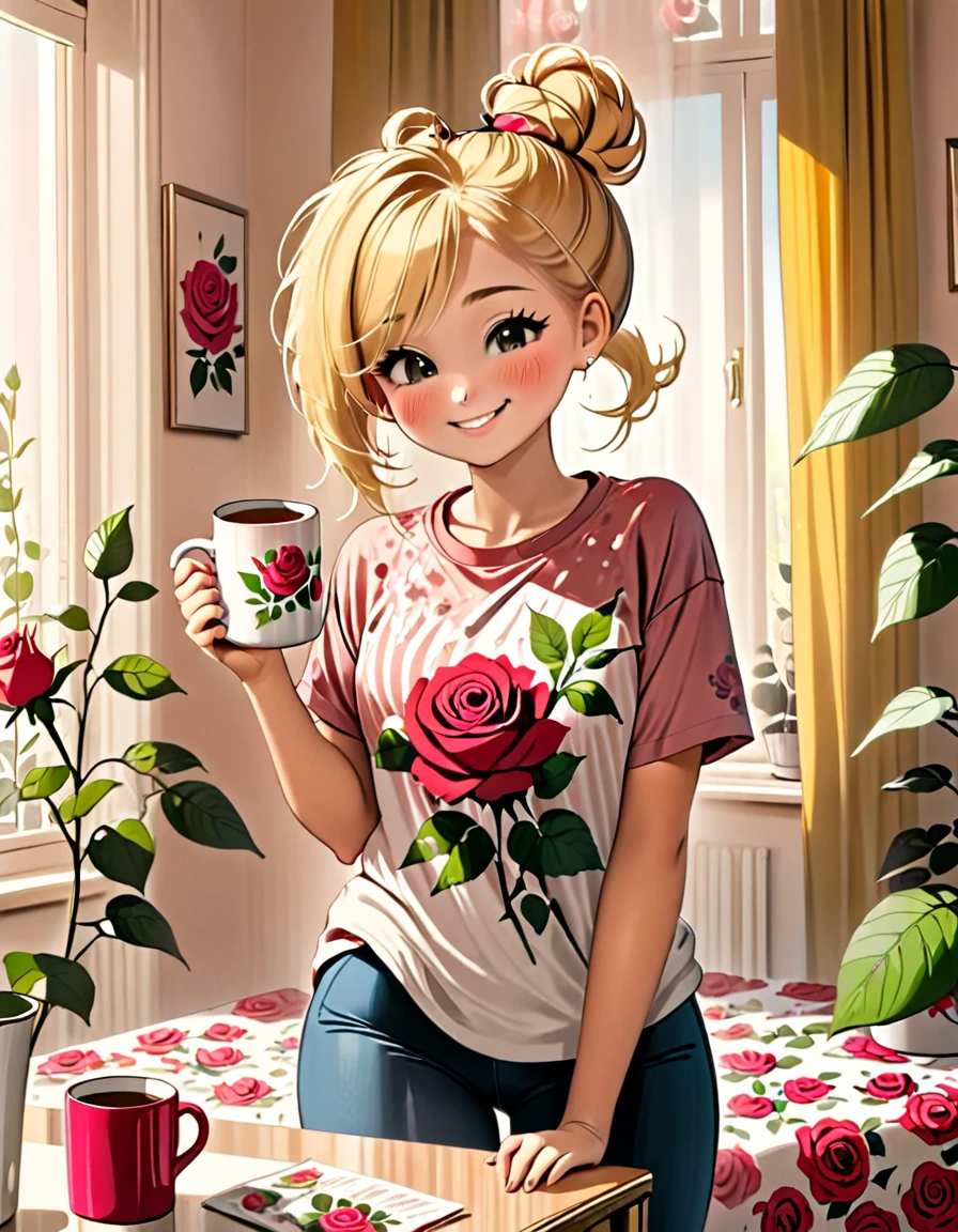 A beautiful young woman, blond messy bun, wearing a t-shirt with rose print, smiling, with a mug, in a beautiful room, morning