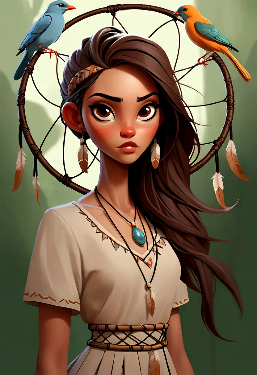 illustration of a woman with a dream catcher and shamanistic background design and birds in hair, jen bartel, von tim bishop, im...