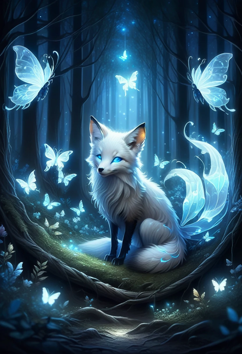 spirit animal, score_9, score_8_consolation, score_7_consolation, score_6_consolation, score_5_consolation, score_4_consolation, ethereal ghost baby fox, Beloved, cartoon character, glowing blue eyes, glowing butterflies, fantasy forest at night time, realistic, very detailed, There are no humans