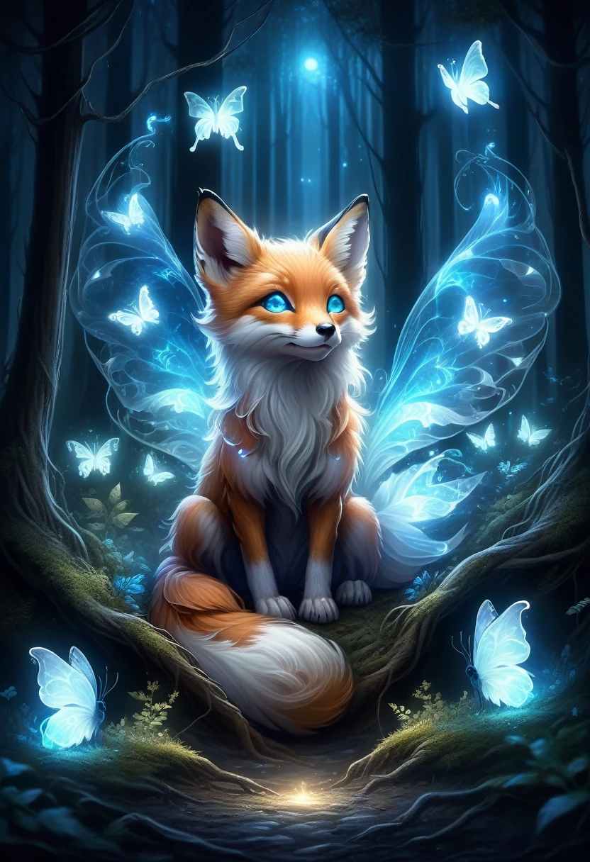 spirit animal, score_9, score_8_consolation, score_7_consolation, score_6_consolation, score_5_consolation, score_4_consolation, ethereal ghost baby fox, Beloved, cartoon character, glowing blue eyes, glowing butterflies, fantasy forest at night time, realistic, very detailed, There are no humans