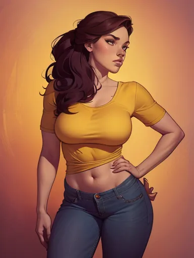 um desenho de uma mulher de jeans e blusa amarela, Estilo de arte de Charlie Bowater, arte do personagem Charlie Bowater, estilo...