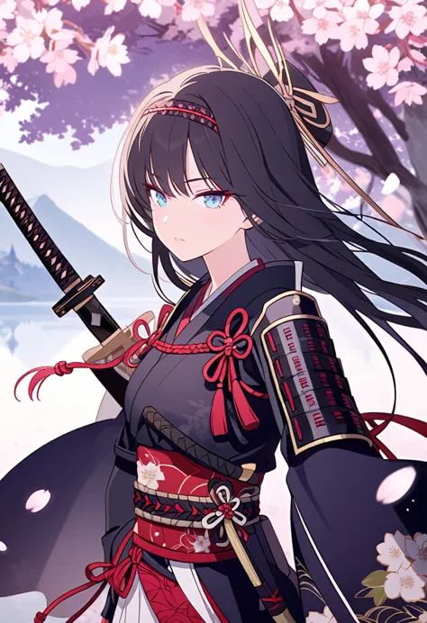 A stunningly beautiful young woman, adorned in the traditional garb of a samurai warrior. Her long, raven-black hair flows freel...