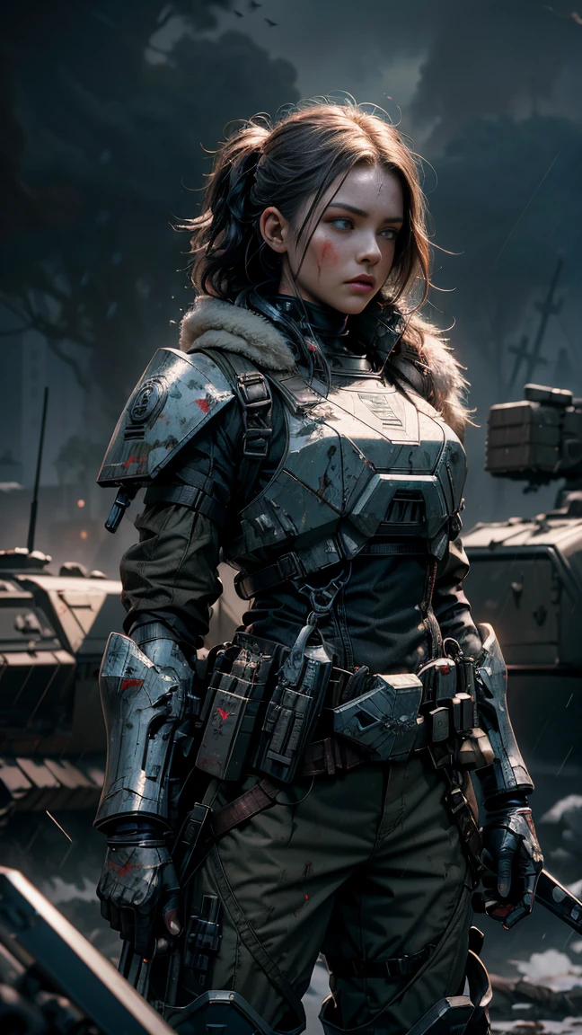 Postapocalyptic combat scene with a Beautiful hyperrealistic photograph of cute Young Swedish woman with Runic tattoos, ((dirty face Blood splattered)), (((wearing full heavy mecha armor, combat harness, Neon highlights))) Short Red Dreadlocks, combat pose, (((Holding on to the side of a combat Sci-Fi Combat helicopter))), exterior of Destroyed building, Fires, Smoke, debris, Camo netting, Ammo Boxes, Rain, Stormy, Wet, abstract beauty, near perfection, pure form, intricate detail, 8k post-production, High resolution, super Detail, trending on ArtStation, sharp focus, studio photos, intricate detail, Very detailed, By Greg Rutkowski