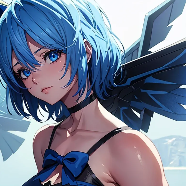 1 girl, solo, cirno, touhou, masterpiece, detailed, short blue hair, blue hair bow, blue eyes, 2b costume, ice wings, wide shot