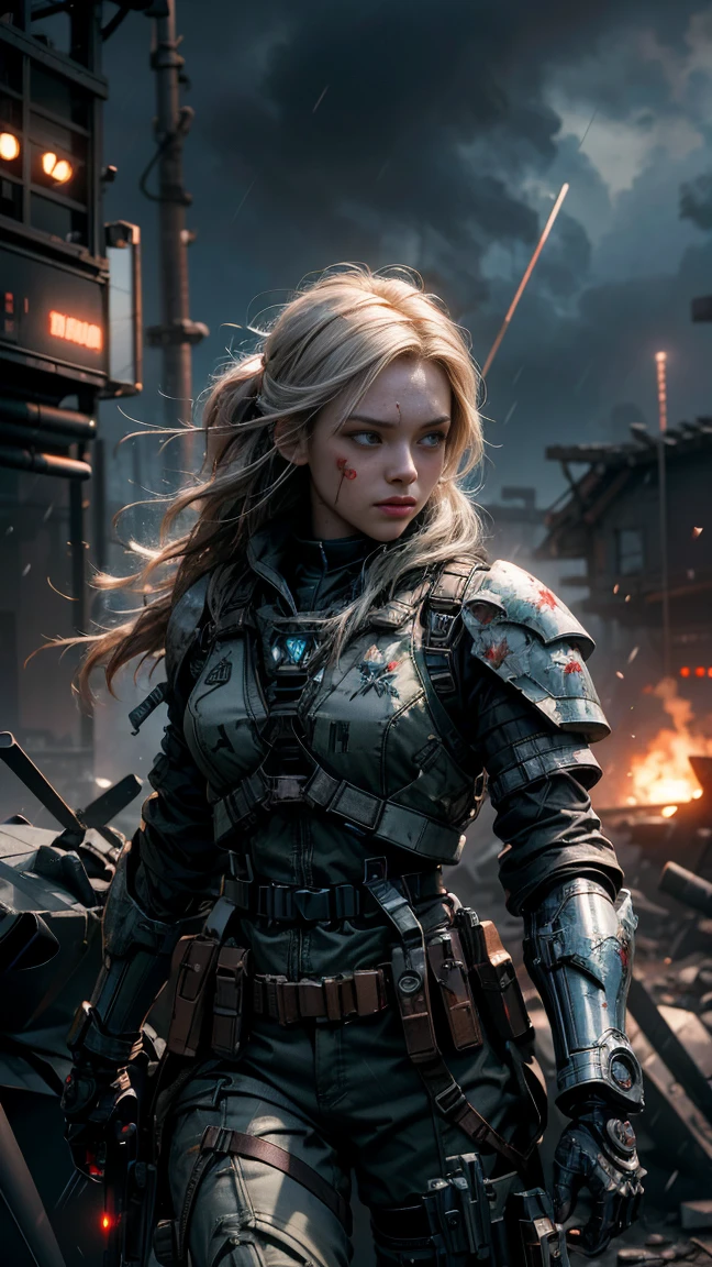 Postapocalyptic combat scene with a Beautiful hyperrealistic photograph of cute Young Swedish woman with Runic tattoos, ((dirty face Blood splattered)), (((wearing full heavy mecha armor, combat harness, Neon highlights))) Short Red Dreadlocks, combat pose, (((Holding on to the side of a combat Sci-Fi Combat helicopter))), exterior of Destroyed building, Fires, Smoke, debris, Camo netting, Ammo Boxes, Rain, Stormy, Wet, abstract beauty, near perfection, pure form, intricate detail, 8k post-production, High resolution, super Detail, trending on ArtStation, sharp focus, studio photos, intricate detail, Very detailed, By Greg Rutkowski