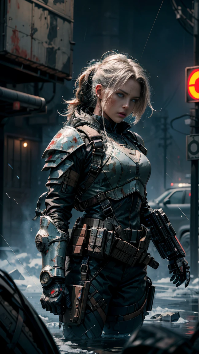 Postapocalyptic combat scene with a Beautiful hyperrealistic photograph of cute Young Swedish woman with Runic tattoos, ((dirty face Blood splattered)), (((wearing full heavy mecha armor, combat harness, Neon highlights))) Short Red Dreadlocks, combat pose, (((Holding on to the side of a combat Sci-Fi Combat helicopter))), exterior of Destroyed building, Fires, Smoke, debris, Camo netting, Ammo Boxes, Rain, Stormy, Wet, abstract beauty, near perfection, pure form, intricate detail, 8k post-production, High resolution, super Detail, trending on ArtStation, sharp focus, studio photos, intricate detail, Very detailed, By Greg Rutkowski