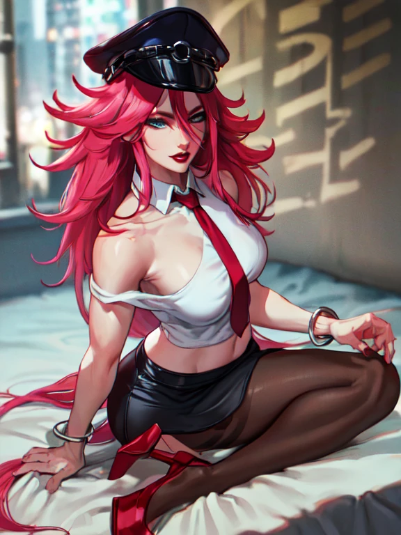 solo, poison (sf), ((on cap, white chic dress shirt, short sleeve, small red tie, black short skirt, black pantyhose, red high heels, bracelet)), detailed face, detailed pink long hair, detailed blue eyes, detailed light skin, realistic skin, detailed hands, detailed legs, (full body photo), looking at the viewer, (best quality, masterpiece, perfect picture, sharp focus,  hyper-detailed, tone mapping, 8k uhd, ultra quality CG, best intricate details, RAW Photo, Photorealism), (Very dark lip gloss, pitch red lipstick, so many eyelashes, black pitch eyeshadow, smile, high quality, high resolution, depth of field, chromatic aberration, natural color, caustic, woman), slender figure, body line is very sexy