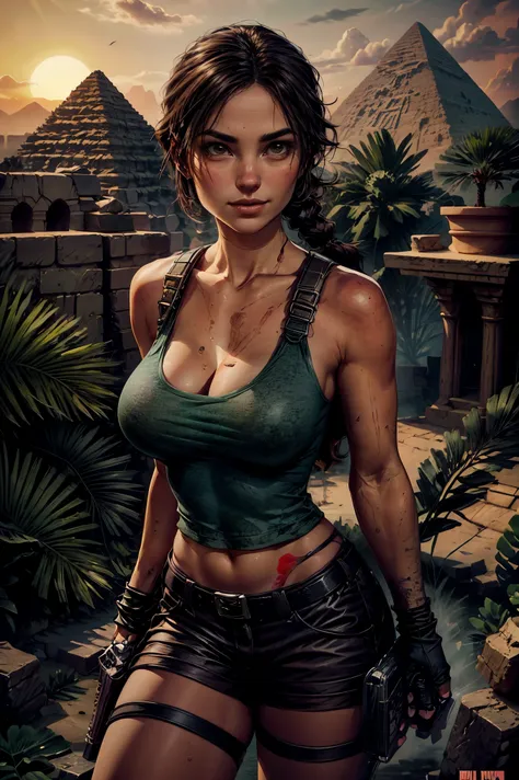 tomb raider epic scene realistic masterpiece, ultra high quality image showing a beautiful and sexy lara croft , perfect fit bod...