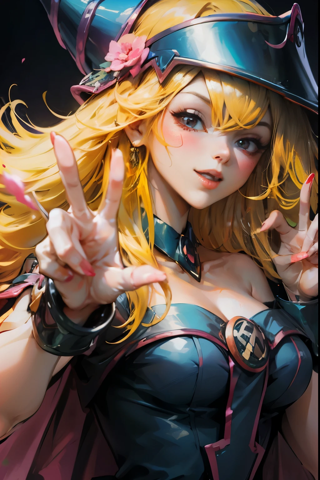 Beautiful dark magician Gils doing the peace and love sign with her fingers. She smiles in a sexy pose while making the peace sign with her hands. She winks, smiles and is flirtatious.