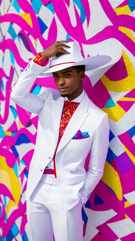 The image shows a person wearing a white suit and hat, positioned in an urban environment with colorful walls and decorative til...