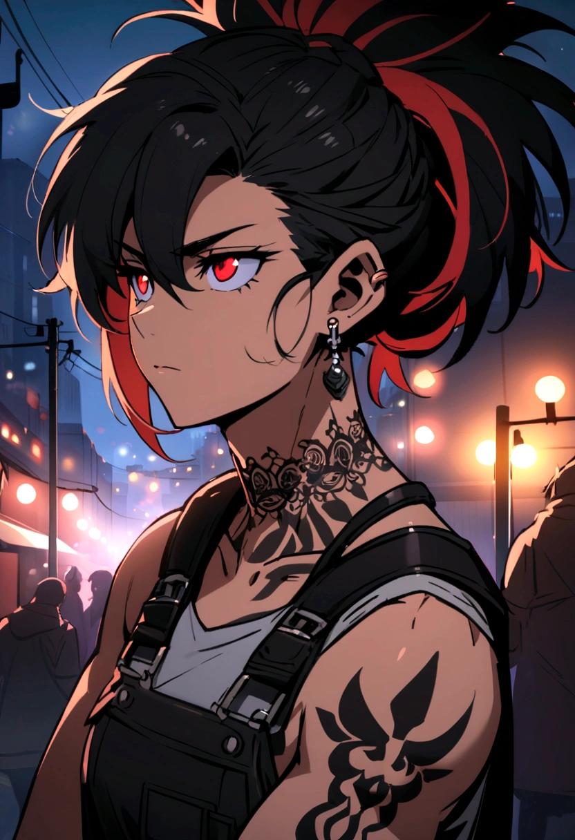 an anime-style character with a muscular and defined torso. The character has a distinctive hairstyle with spiky black hair with red highlights, and light red eyes that give off an intense and focused expression. You can see them on her face and shoulders. She wears small black earrings and tattoos on her neck. The background features a nighttime urban environment with out-of-focus lights, suggesting a city atmosphere. The overall mood of the image is dark and dramatic. 