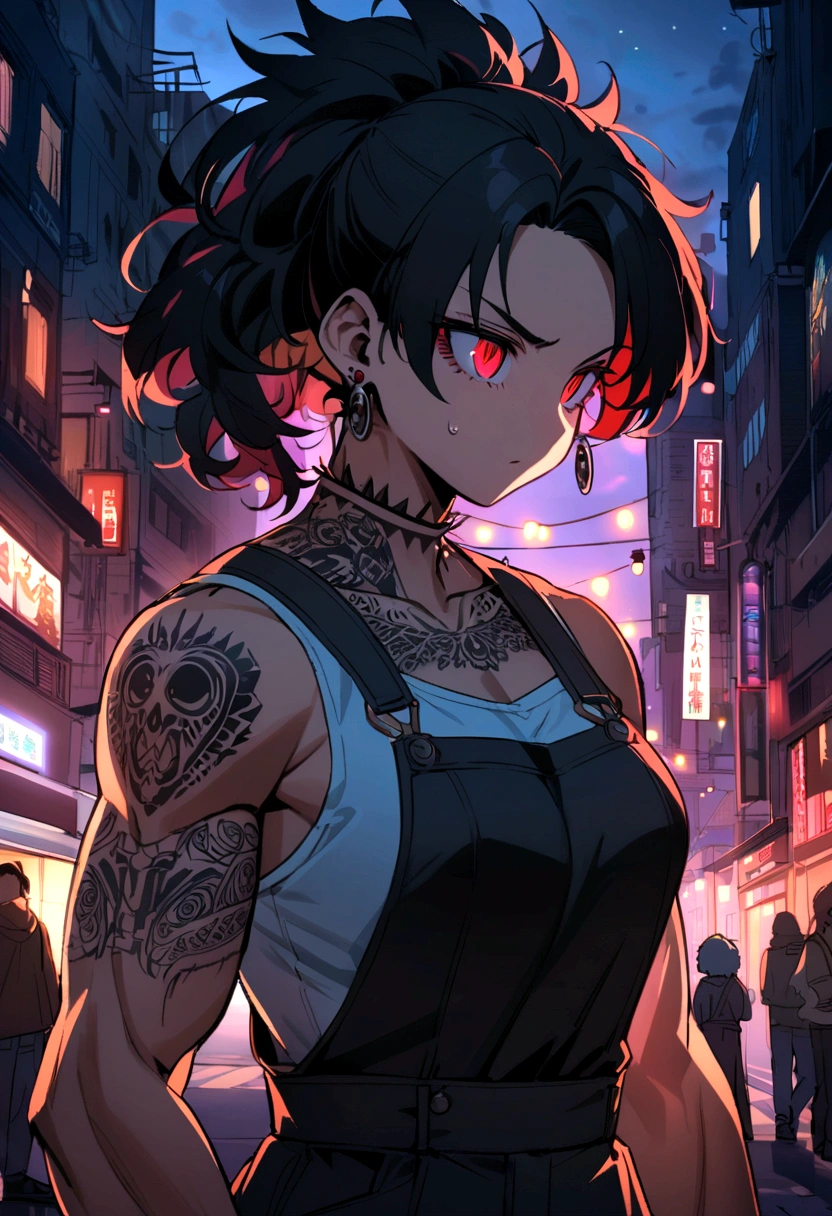 an anime-style character with a muscular and defined torso. The character has a distinctive hairstyle with spiky black hair with red highlights, and light red eyes that give off an intense and focused expression. You can see them on her face and shoulders. She wears small black earrings and tattoos on her neck. The background features a nighttime urban environment with out-of-focus lights, suggesting a city atmosphere. The overall mood of the image is dark and dramatic. 