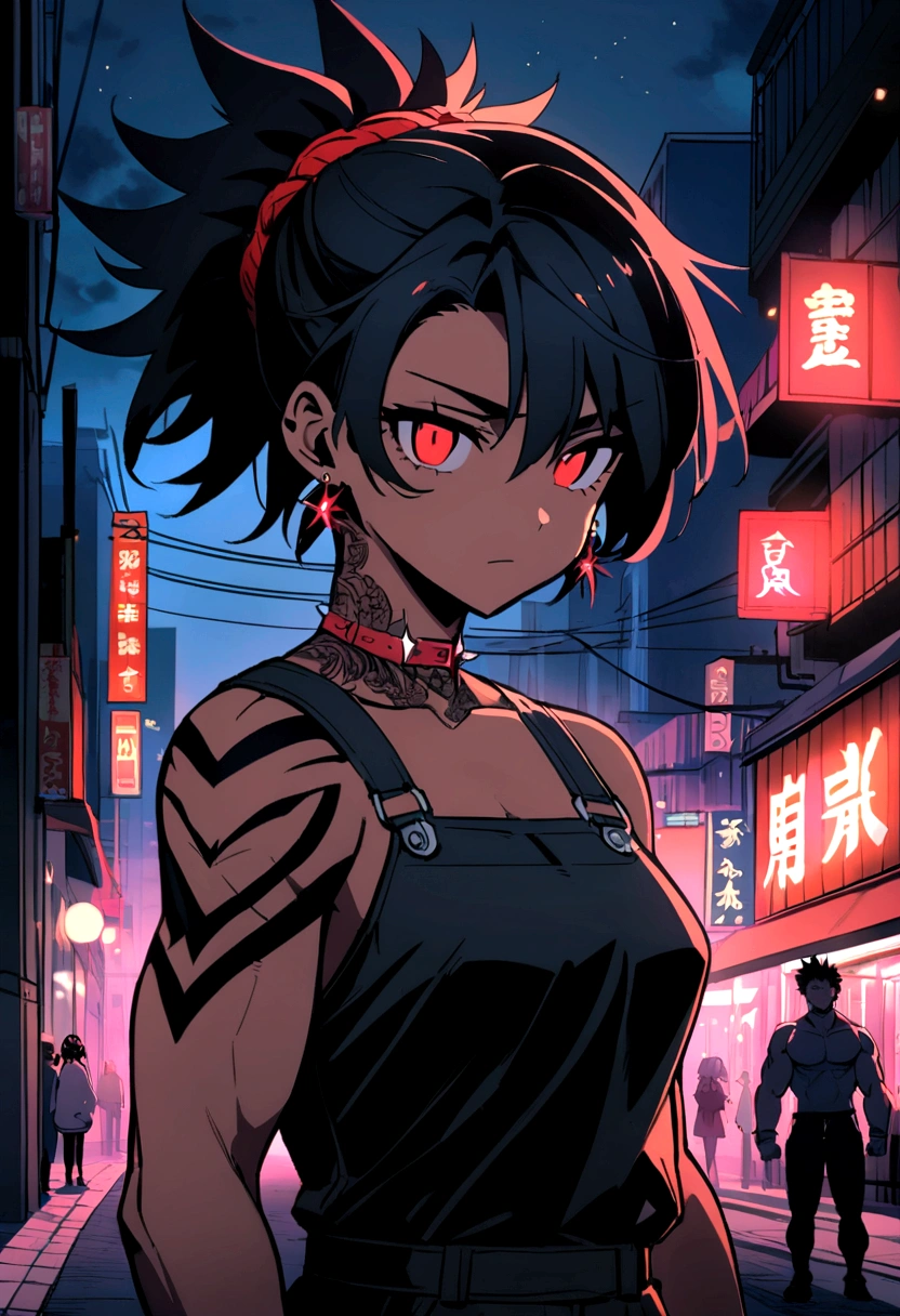 an anime-style character with a muscular and defined torso. The character has a distinctive hairstyle with spiky black hair with red highlights, and light red eyes that give off an intense and focused expression. You can see them on her face and shoulders. She wears small black earrings and tattoos on her neck. The background features a nighttime urban environment with out-of-focus lights, suggesting a city atmosphere. The overall mood of the image is dark and dramatic. 