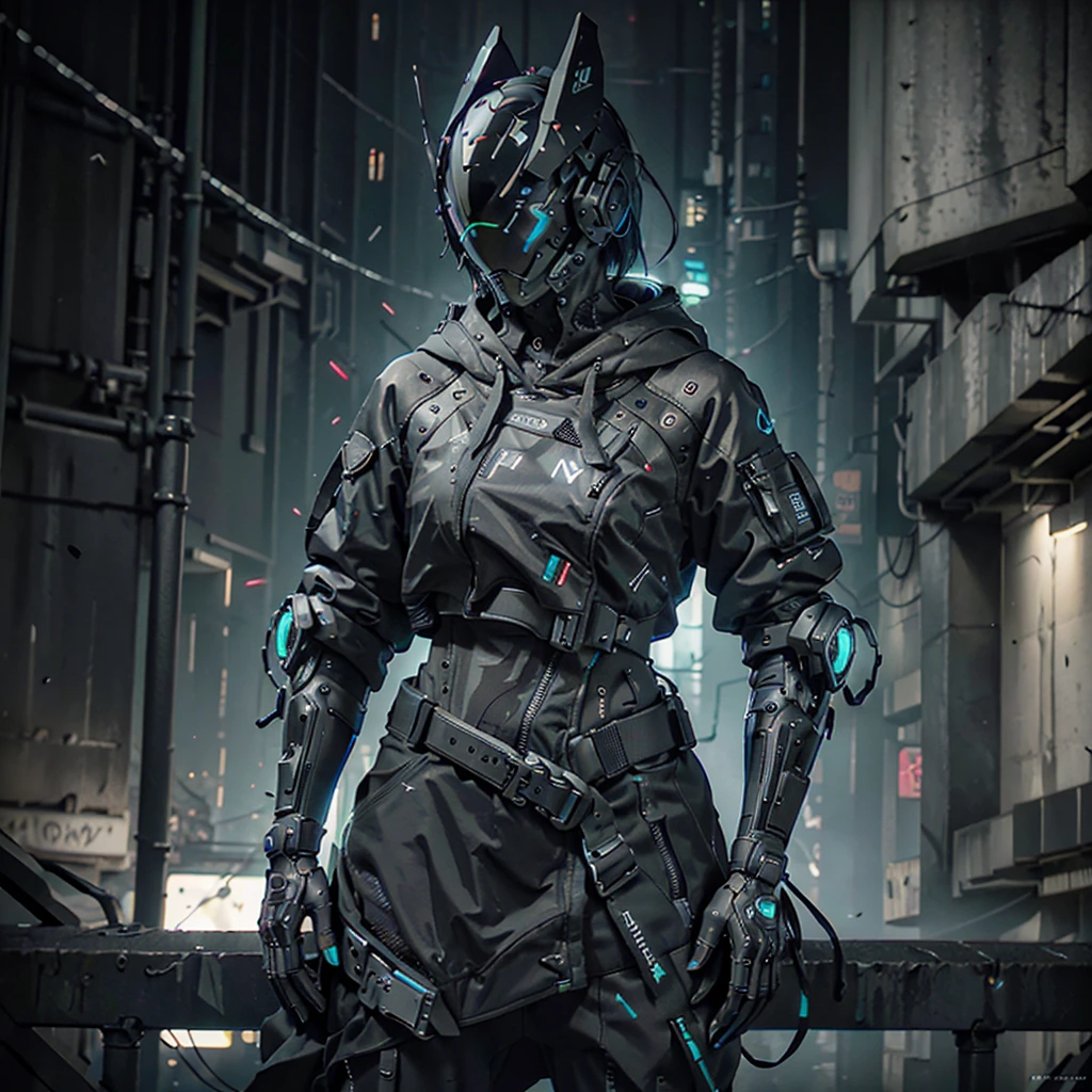 (masterpiece, Intricate raw photography) Cyberpunk citizen, slim extra asymmetrical black hoodie, black cargo pants, black, dark clothing, tactical gloves, she is wearing a futuristic black high-tech cyber helmet, shiny, something similar a daftpunk, very intricate, Small LED details, Advanced technology closed helmet, dark atmosphere, dramatic, light and shadow, ((Kinematic, Black neon,)) action film, sharpness, neon-noir modern city, street neon lights, dark street , night, Insta photo, Photo of the Year, Epic resolution, Epic Quality, Epic sharpness, Intricate epic, urban techwear, Reelmech, (ckose up)