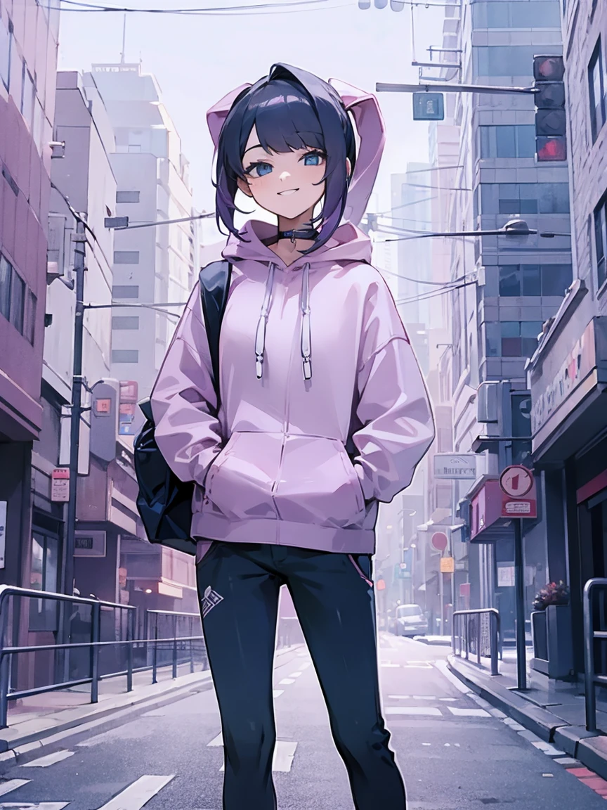 city backround hoodie smiling hands in pocket