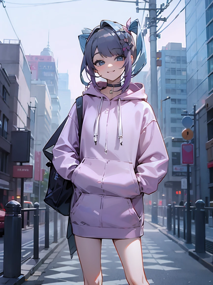 city backround hoodie smiling hands in pocket