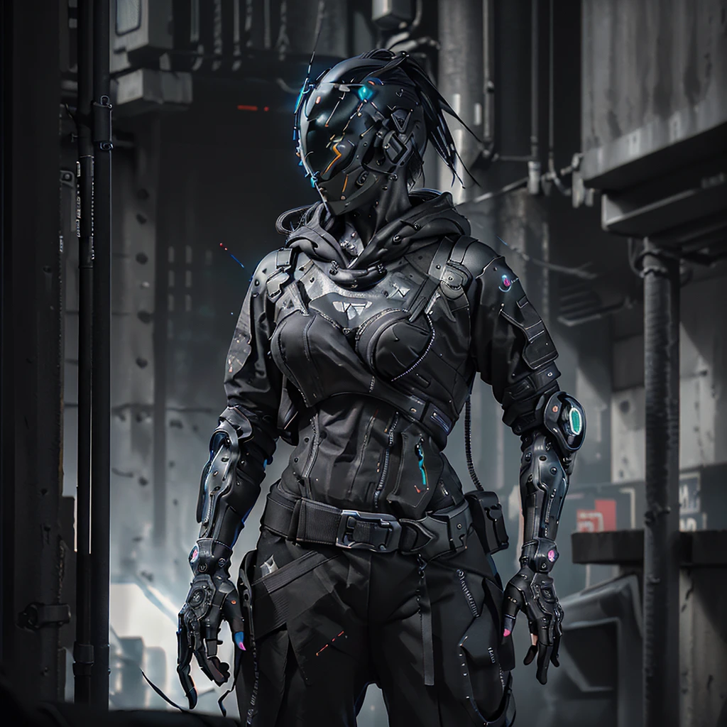 (masterpiece, Intricate raw photography, 8K, Hi-Res, UltraSharp) Cyberpunk citizen, slim extra sexy asymmetrical black hoodie, open chest, black cargo pants, black, dark clothing, tactical gloves, she is wearing a futuristic black high-tech cyber helmet, shiny, something similar a daftpunk, very intricate, Small LED details, Advanced technology closed helmet, dark atmosphere, dramatic, light and shadow, ((Kinematic, Black neon,)) action film, sharpness, neon-noir modern city, street neon lights, dark street , night, Insta photo, Photo of the Year, Epic resolution, Epic Quality, Epic sharpness, Intricate epic, urban techwear, Reelmech, ((close up))