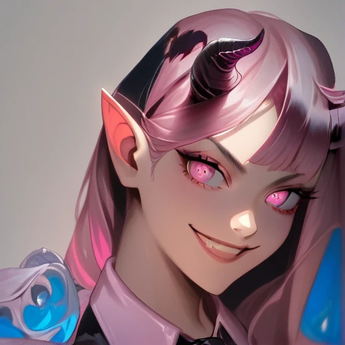 high resolution, highly detailed, perfect lighting, beautiful detailed eyes,   upper body, black background, 1girl, solo, looking at viewer,   succubusxl, pink hair,demon horns, pointy ears, pink eyes, smiling, collared cape wings, detached sleeves, big breasts, necktie with bell,  purple strapless top, underworld,night, 