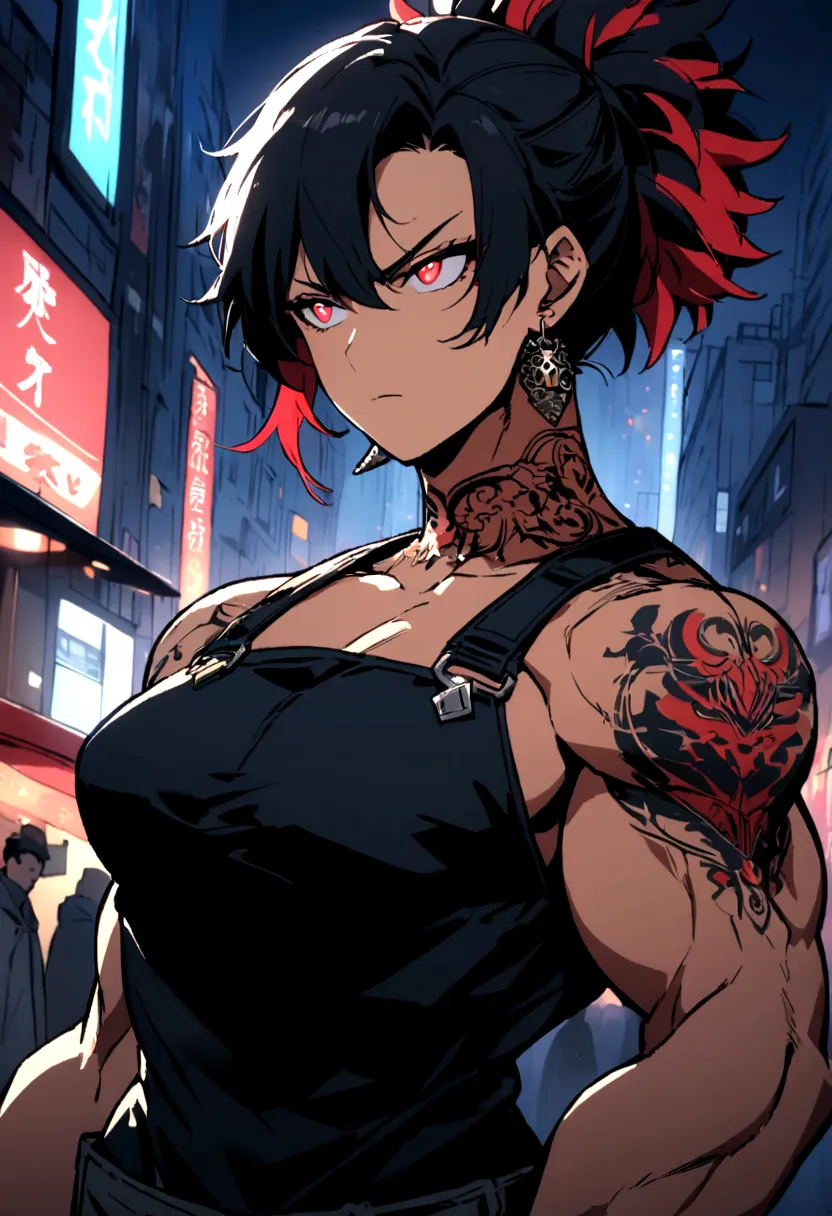 an anime-style character with a muscular and defined torso. the character has a distinctive hairstyle with spiky black hair with...