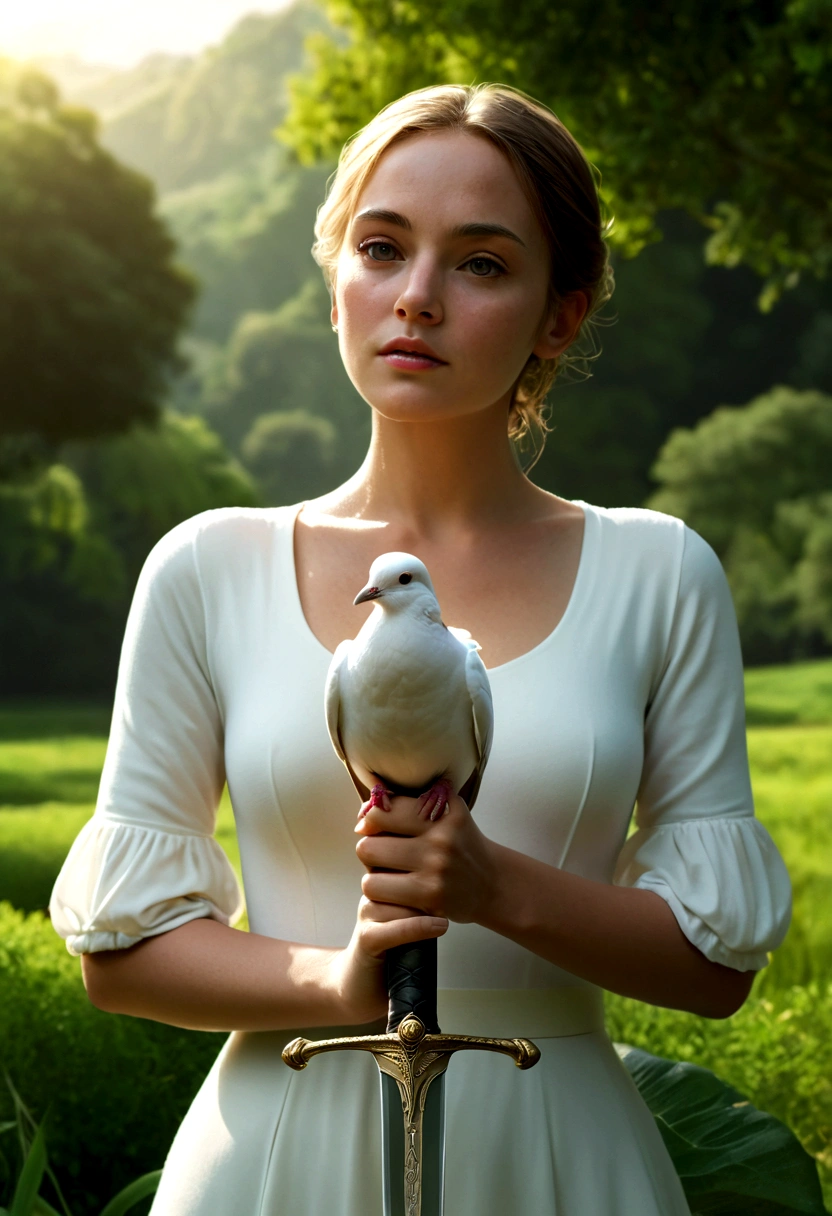 a woman holding a sword in her hand, a dove sitting on her hand, lush green landscape, highly symmetrical, (best quality,4k,8k,highres,masterpiece:1.2),ultra-detailed,(realistic,photorealistic,photo-realistic:1.37),detailed face and eyes, elegant pose, peaceful expression, dramatic lighting, serene atmosphere, natural setting, cinematic composition