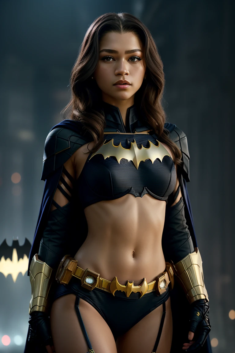 photo of  zendaya a woman as a movie star, modelshoot style, (extremely detailed CG unity 8k wallpaper), Intricate, High Detail, Sharp focus, dramatic,photorealistic painting art by midjourney and greg rutkowski , (waist chain), ((Avengers in the background)), (looking at viewer), (detailed pupils:1.2), (Batman bra:1.3) , face only , dimly lit