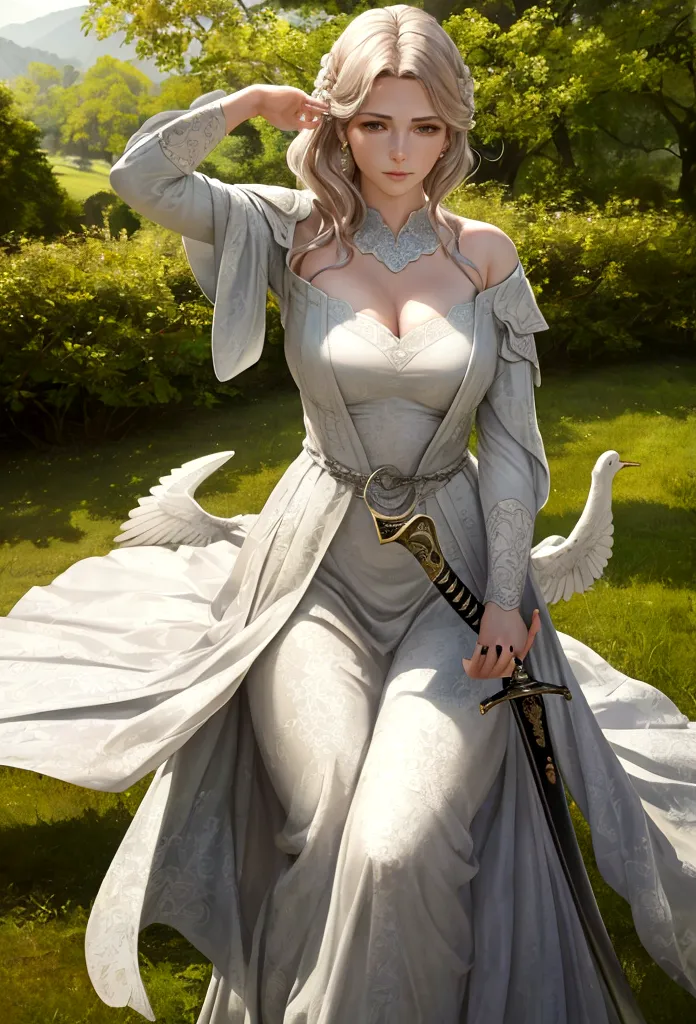 a woman holding a sword in her hand, a dove sitting on her hand, lush green landscape, highly symmetrical, (best quality,4k,8k,h...