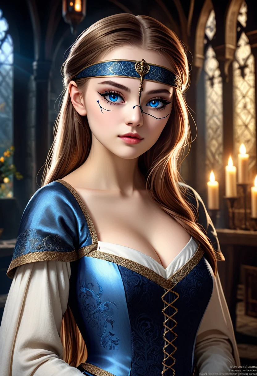 a beautiful girl with an eyepatch, intricate and detailed facial features, striking blue eyes, long lashes, porcelain skin, delicate features, elegant pose, detailed intricate clothing, fantasy medieval style background, cinematic lighting, dramatic colors, highly detailed, 8k, photo realistic, digital art, concept art