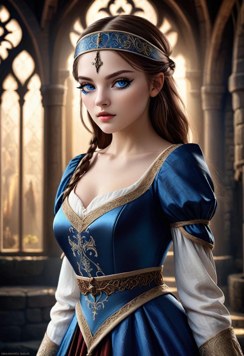 a beautiful girl with an eyepatch, intricate and detailed facial features, striking blue eyes, long lashes, porcelain skin, delicate features, elegant pose, detailed intricate clothing, fantasy medieval style background, cinematic lighting, dramatic colors, highly detailed, 8k, photo realistic, digital art, concept art