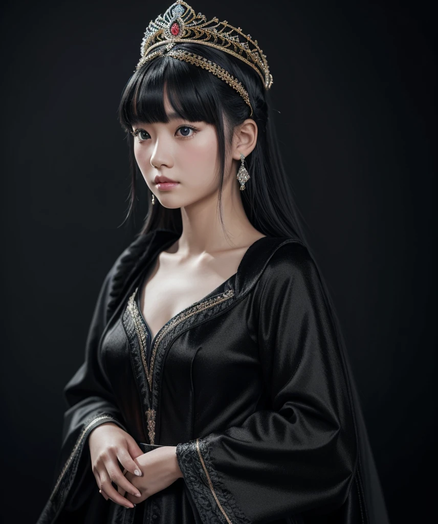 a mongolian princess girl,bangs black hair,standing,looking at to the viewer,(Very Detailed: 1.3),ultra realistic,HDR,(High Dynamic Range),8K RAW,(((1GIRL))),(((wearing black gown))),sad face,(((black background))),masterpiece,best quality,perfect proportion