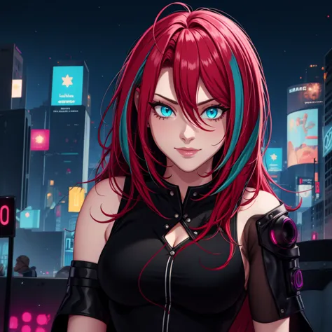 1girl,eva  ,lucy \(cyberpunk\), multicolored hair, asymmetrical hair, glowing blue eyes, cyberpunk, street, night