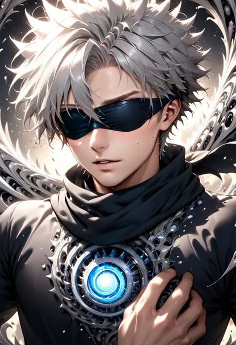 a boy in a black shirt wears a black eye patch、scarf, gray hair, close up high dynamic range of man with spiky hair and white ha...