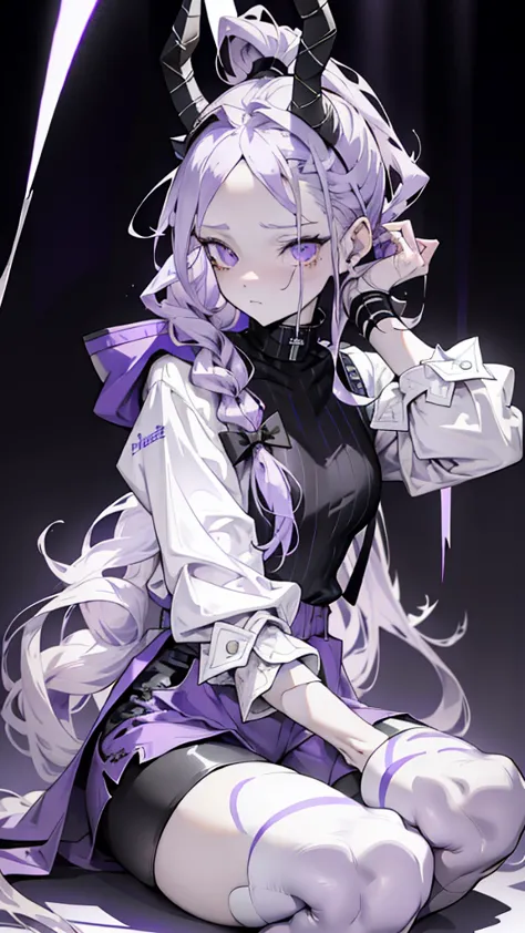 boy rabbit thoughtful look open forehead. white and purple hair braided in a ponytail on the left side to one side. sinuous blac...