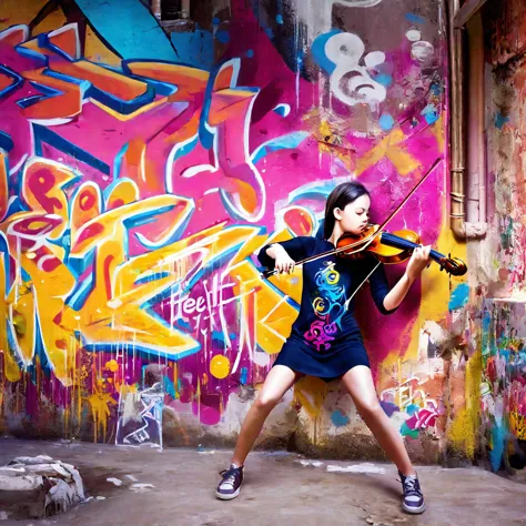 A girl passionately playing the violin inside a building adorned with street art. On the wall behind her, there's a large, vibra...
