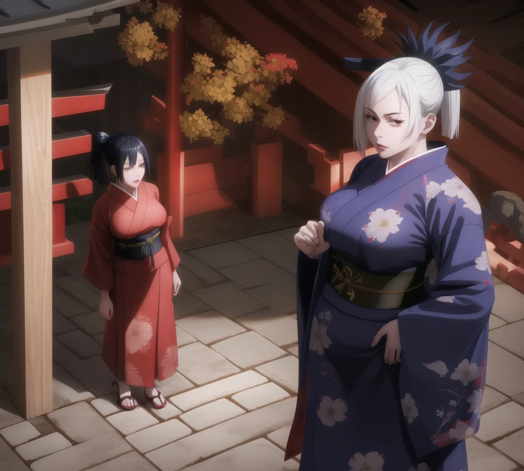 1 girl, single girl, cute, long white hair with Japanese ornament, blue eyes, impassive face, big breasts, big hips, red kimono with golden flower pattern, red lips, in a Japanese temple, Japanese feudal era, gege akutami illustration , jujutsu kaisen