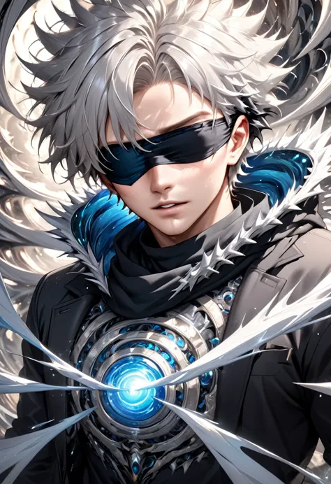 a boy in a black shirt wears a black eye patch、scarf, gray hair, close up high dynamic range of man with spiky hair and white ha...