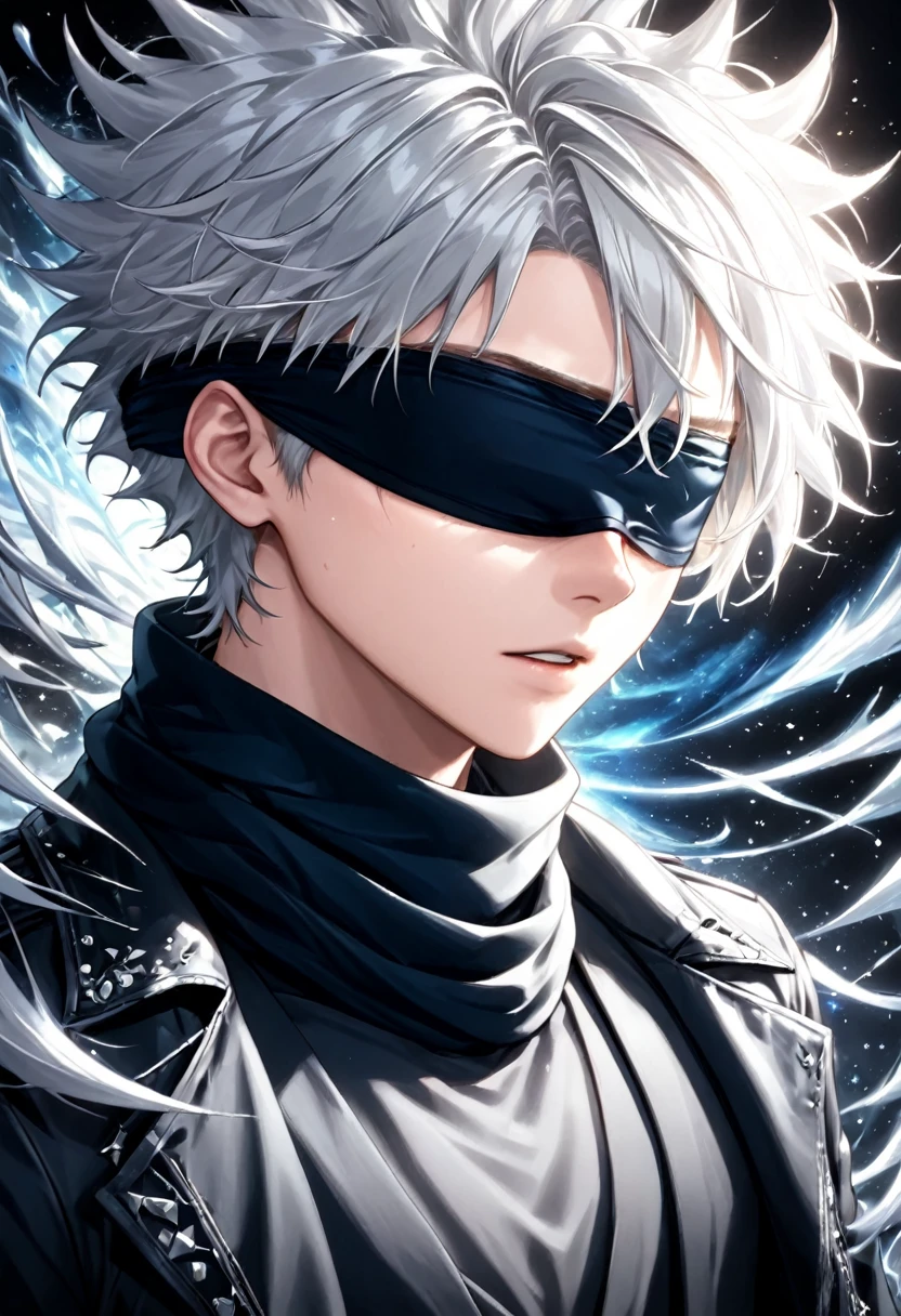 
     A boy in a black shirt wears a black eye patch、scarf, gray hair, Close up high dynamic range of man with spiky hair and white hair 

            
                 ( Perfect anatomical structure ) Handsome black jacket blue silver shiny swirling high dynamic vortex around man, Vortex Dynamic Masterpiece Perfect Composition Intricate Details Meticulous Digital Art 