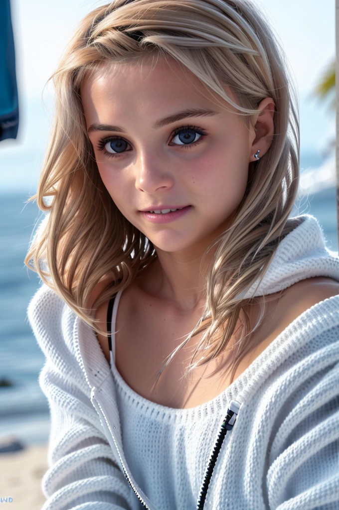 a woman, white sweater, midnight at the beach, perfect face, clear eyes, perfect day, close up, waves in background, [smiling:0.5], 8k, uhd, raw, fujifilm xt3, masterpiece